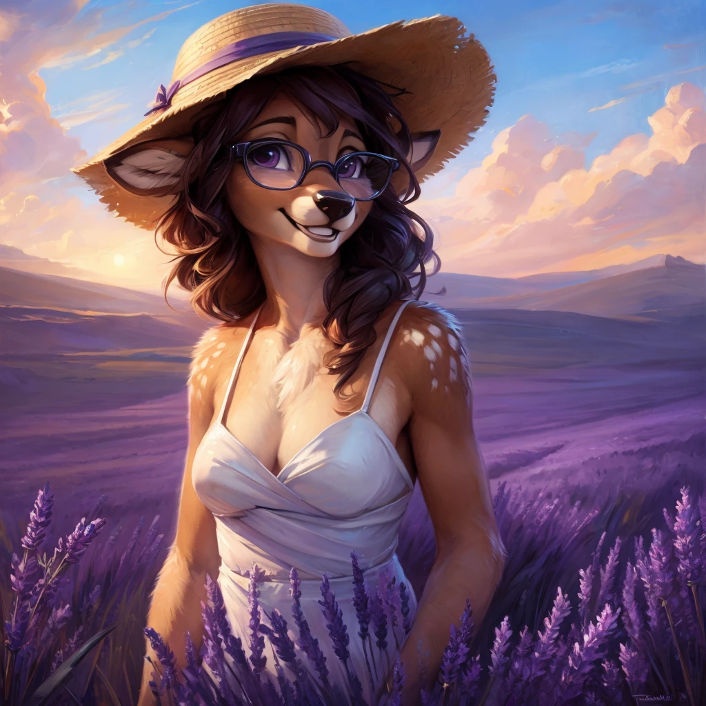 uploaded on e621, by Pixelsketcher, by Bayard Wu, by Thomas Benjamin Kennington , by Einshelm, by hioshiru and kenket, Chunie, portrait, solo anthro female deer doe, with small featureless breasts, clear dark blue, cinematic lighting, day, sunny day, lavender field, stays in a lavender field, lavender field background, mediterranean background, horizon background, shiny, short curly dark brown hair, wears big black nerd glasses, very very beautiful furry art, furry art, smiling, joyful, shiny, happy, feminine, cute face, muzzle, fluffy chest, flawless face, Fallow deer, 1girl, Sakimichan is beautiful, Masterpiece, Wavethesallow Face, shiny, Detailed image, portrait, Detailed image, portrait, full body, wearing pure white and wide spaghetti straps dress, wearing big and wide beige summer straw hat, shiny, realistic face, perfect anatomy, hourglass body, (furry body:1.1), anthropomorphic deer, looks at the viewer, small fluffy tail, detailed background, (cute anatomy:1.1), walks in a lavender field