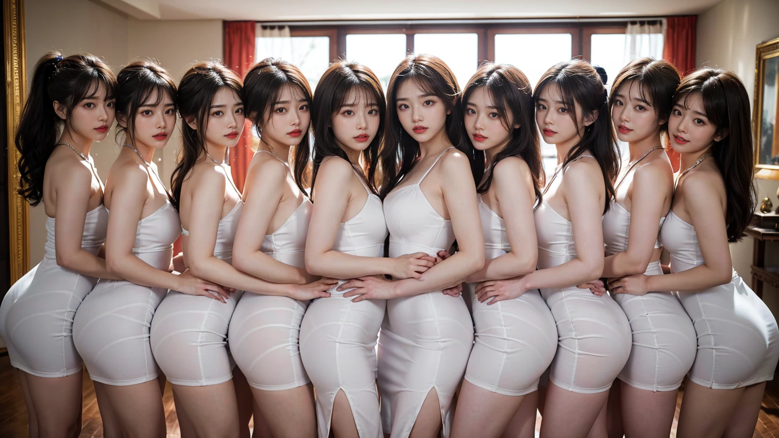 (Highest quality、Ultra-high definition images、32K、masterpiece:1.3)、(Beautiful woman:1.2)、(8 girls:1.3)、Back pose、Shooting from behind)、(China dress)、The panty line is sheer、ponytail、Highly detailed face、Lips Detail、Detailed Eyes、double eyelid、Saggy breasts、Happy smile、Bright photo