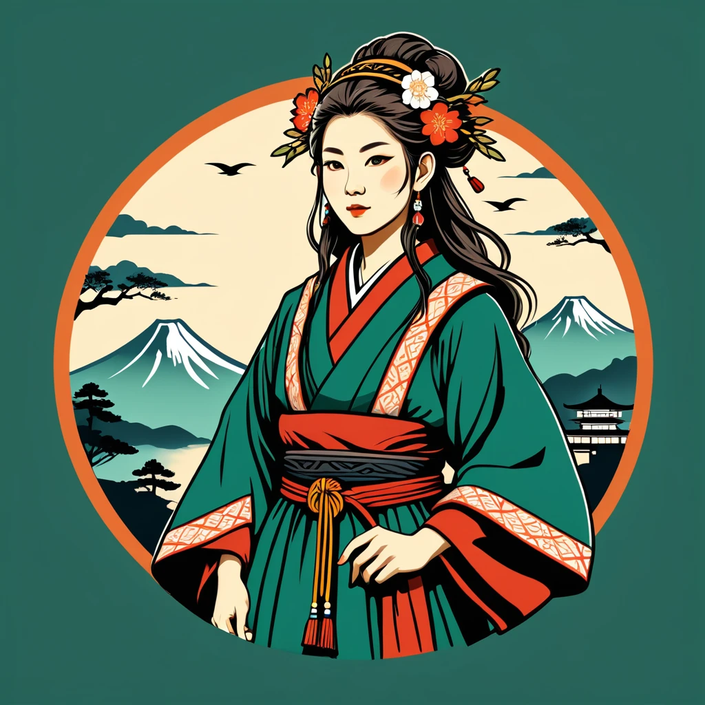 old female druid in japan folk outfit, vector graphics, strong contours, logo design
