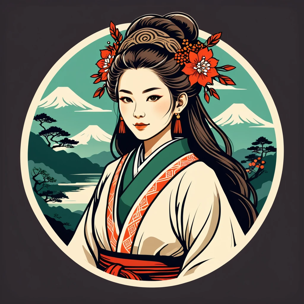 old female druid in japan folk outfit, vector graphics, strong contours, logo design
