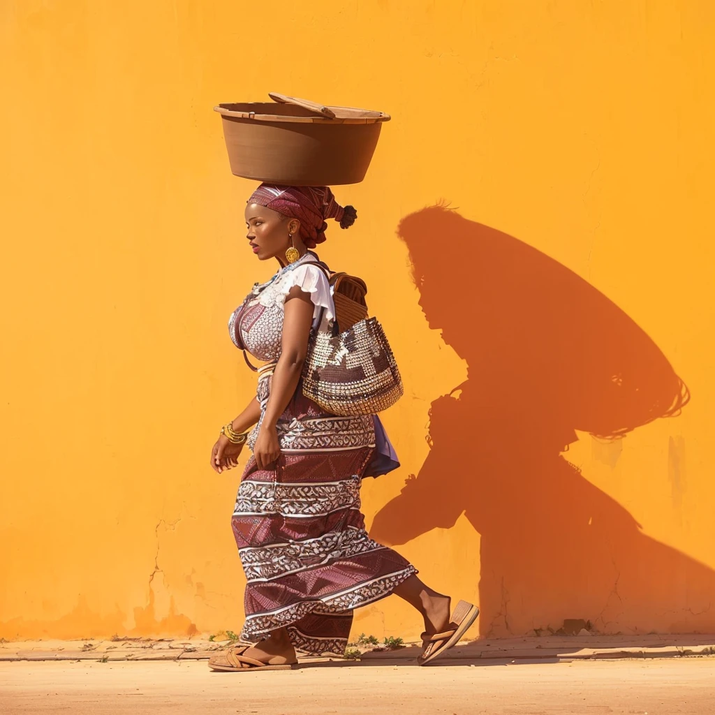 woman walking down the street carrying a large basket on her head, africana woman, africana, by Ingrida Kadaka, anthropological photography, vibrant hues, Afternoon Sunlight, por Chinwe Chukwuogo-Roy, a woman walking, wearing an africana dress, por Lily Delissa Joseph, africana arts, by Matteo Pérez, Afternoon Sun, Absolutely remarkable image, Zaha Hadid architecture in the background, in the middle of Africa