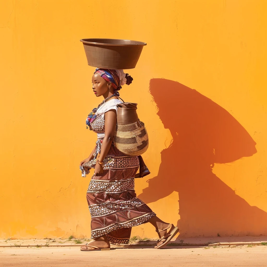 woman walking down the street carrying a large basket on her head, africana woman, africana, by Ingrida Kadaka, anthropological photography, vibrant hues, Afternoon Sunlight, por Chinwe Chukwuogo-Roy, a woman walking, wearing an africana dress, por Lily Delissa Joseph, africana arts, by Matteo Pérez, Afternoon Sun, Absolutely remarkable image, Zaha Hadid architecture in the background, in the middle of Africa