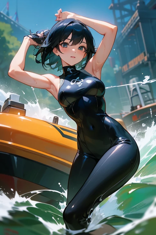 anime girl in a wet suit in a river with a boat, extremely detailed artgerm, by Yang J, style artgerm, fanart best artstation, artgerm and atey ghailan, ig model | artgerm, trending on artstation pixiv, cute girl wearing tank suit, armpits, senna from league of legends, :: rossdraws