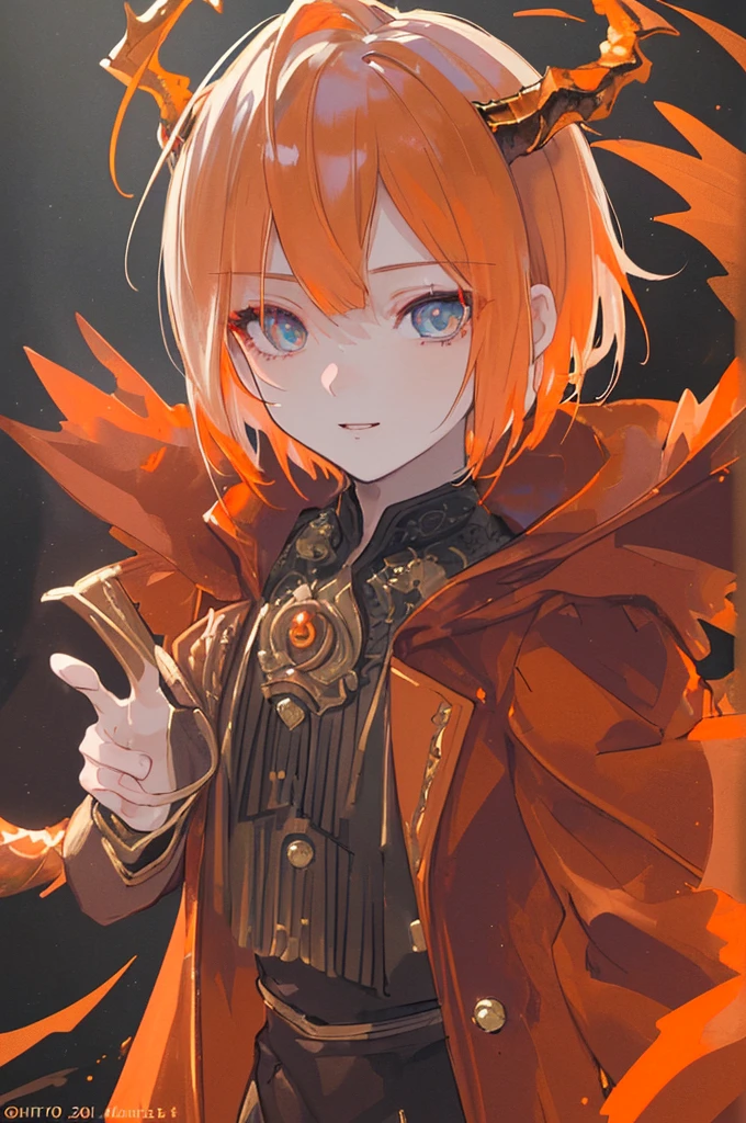 (masterpiece, side lighting, ultra-detailed, finely detailed beautiful eyes: 1.2) Male, young, dragon horns, short hair, orange, long coat, happy