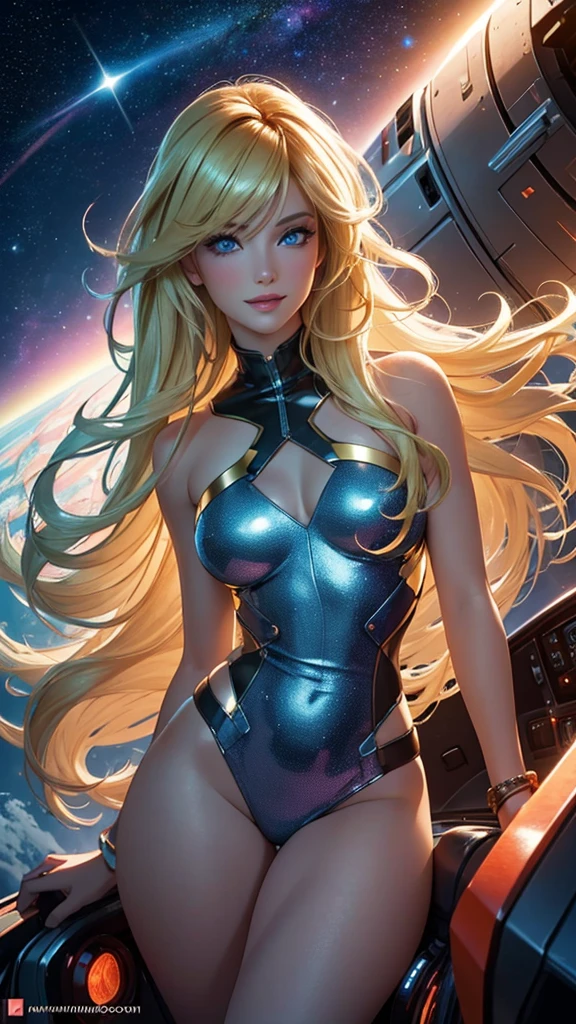 (best quality,ultra-detailed,photo-realistic:1.37),bright and vibrant colors,studio lighting,playful expression,stylish makeup,long blonde hair flowing in the wind,alluring eyes,glossy lips,sexy pose, Space Cadet, Cockpit, smiling in a confident and seductive way,posing for a professional photoshoot,shallow depth of field,highlighting the main subject,soft natural lighting,creating a dreamy and magical atmosphere.