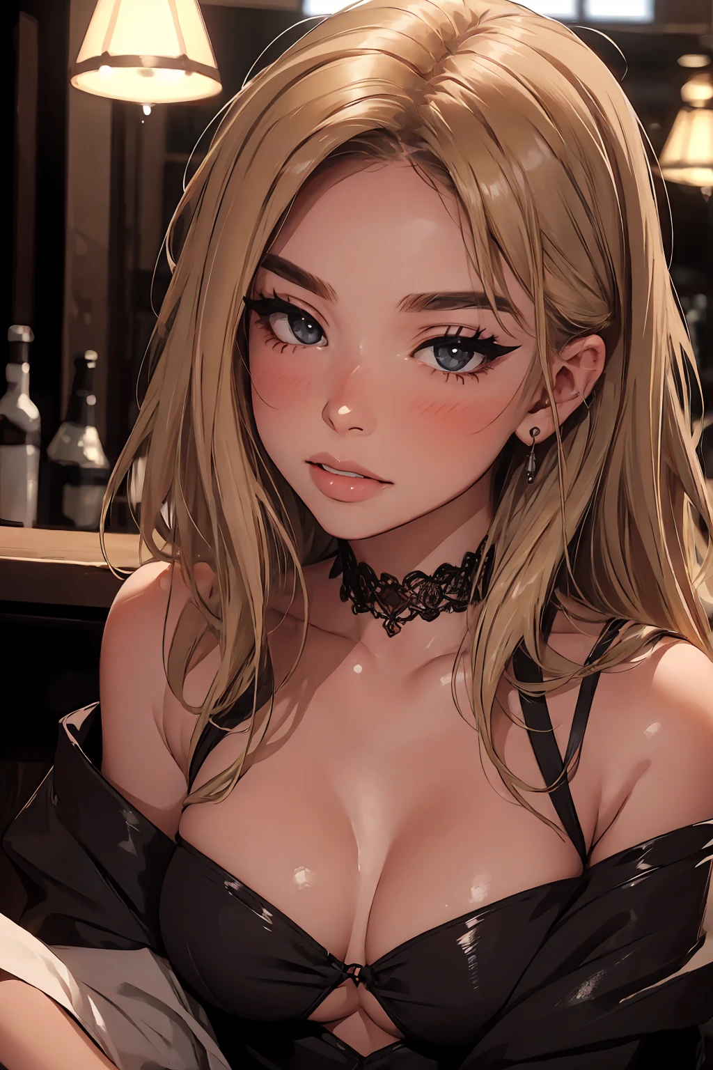 girl at a nightclub sitting at bar, eyeliner (masterpiece) (best quality) (detailed) (8k) (HDR) (wallpaper) (cinematic lighting) (sharp focus) (intricate) wavy blonde hair, biting lip, medium hair, slutty outfit, sexy, blush, aroused, cleavage, shiny , wet skin, girl, dark makeup, acting flirty, tucking hair behind ear