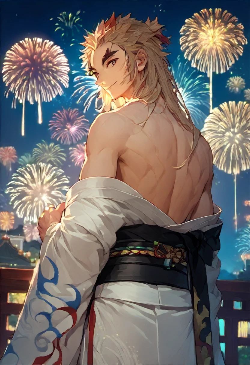 ((best quality)), ((masterpiece)), (detailed), source_anime, from behind, solo, male focus, 1boy, rengoku kyojuro, smile, looking back, long hair, forked eyebrows, white kimono, off shoulder, black sash, bare shoulders, fireworks