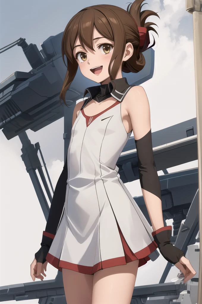 Highest quality, masterpiece, High resolution, alone, {inazuma_Fleet Collection}, brown_hair, Folded_ponytail, brown_eye, length_hair, Open_mouth, smile, ,((Flat Chest, Small breasts, flat chest)),