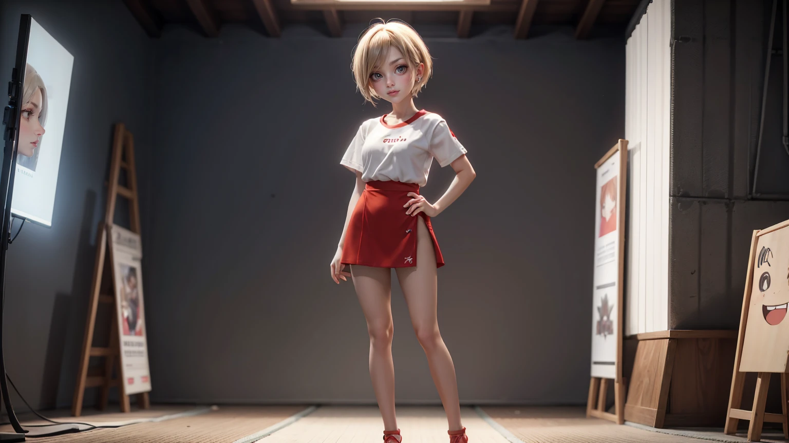 cute Japanese boy in a T-Shirt and Shorts Set: Dress Undercut hair style, blond hairs hairs red dress, gaming , smiling face, short dress full straight standing pose, 14yo student, , Full body, modern girl, games girl, Simple white background,,, design sheet, HD, full body, standing, modern futuristic dress, front view