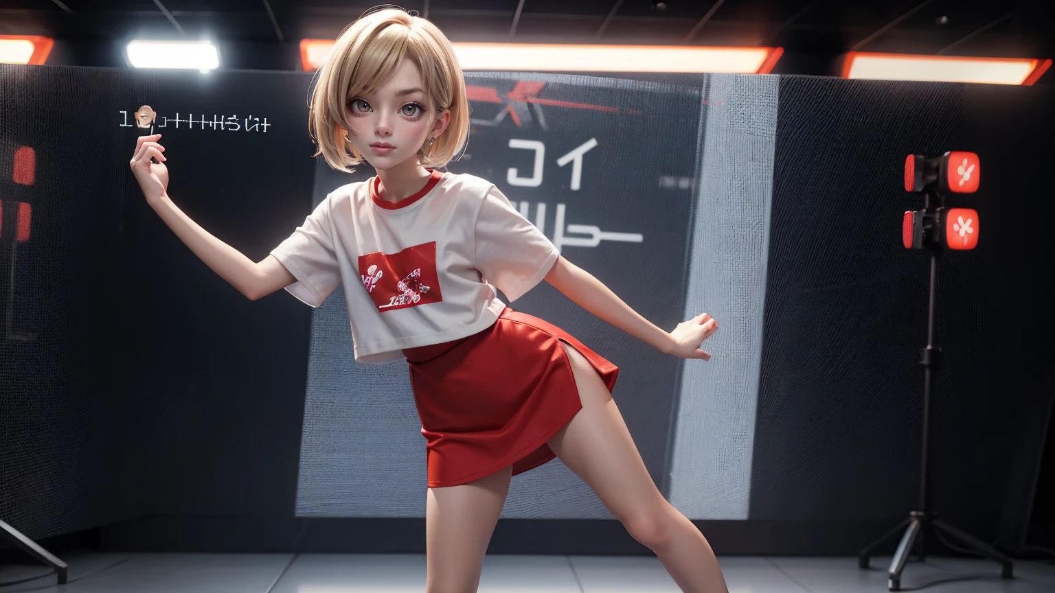 cute Japanese  boy  in a T-Shirt and Shorts Set:  Dress  Undercut hair style, blond hairs hairs red dress, gaming , smiling face, short dress full straight standing pose, 14yo student, , Full body, modern girl, games girl, Simple white background,,, design sheet, HD, full body, standing, modern futuristic dress, front view