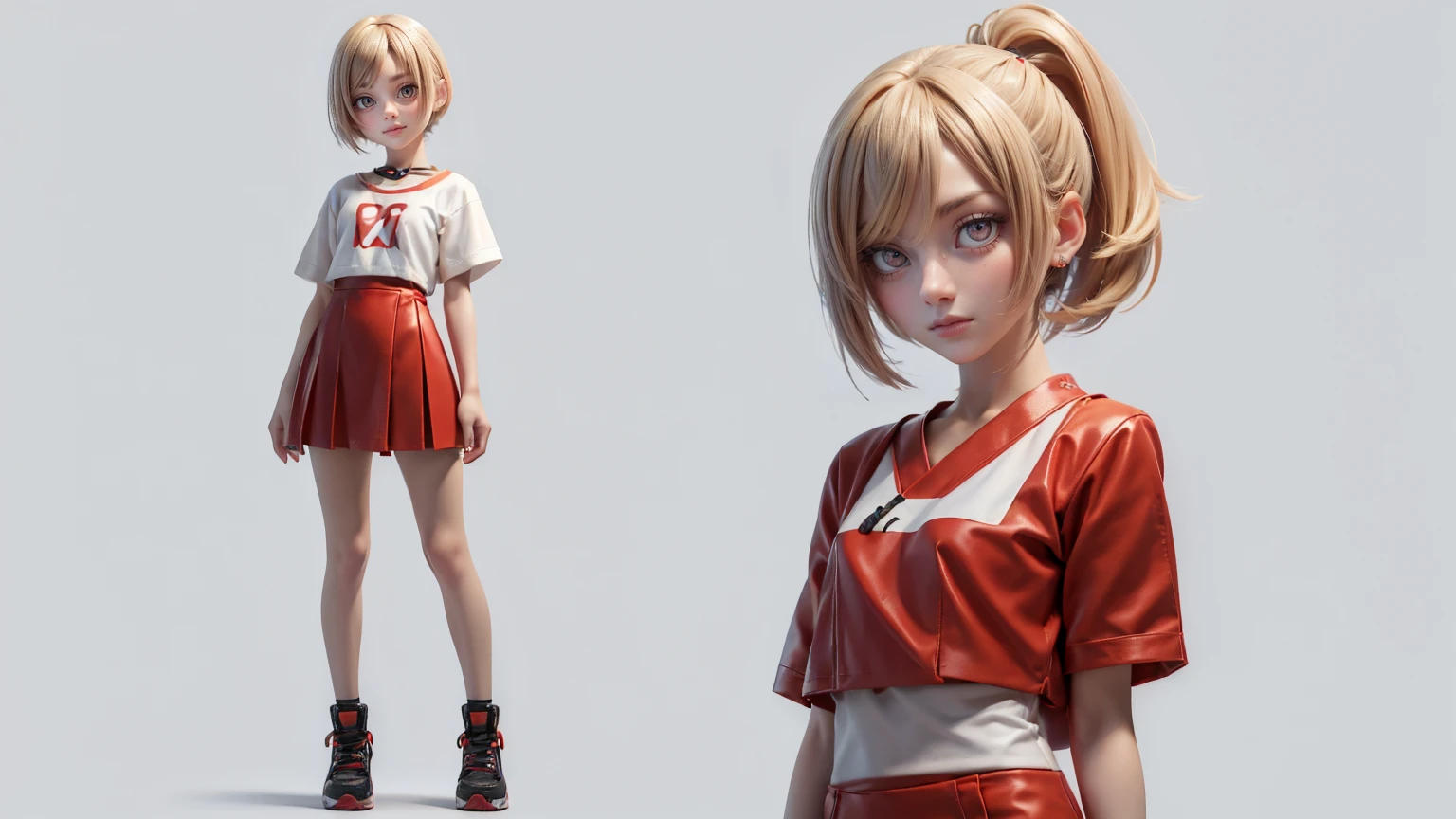 cute Japanese boy in a T-Shirt and Shorts Set: Dress Undercut hair style, blond hairs hairs red dress, gaming , smiling face, short dress full straight standing pose, student, , Full body, modern girl, games girl, Simple white background,,, design sheet, HD, full body, standing, modern futuristic dress, front view