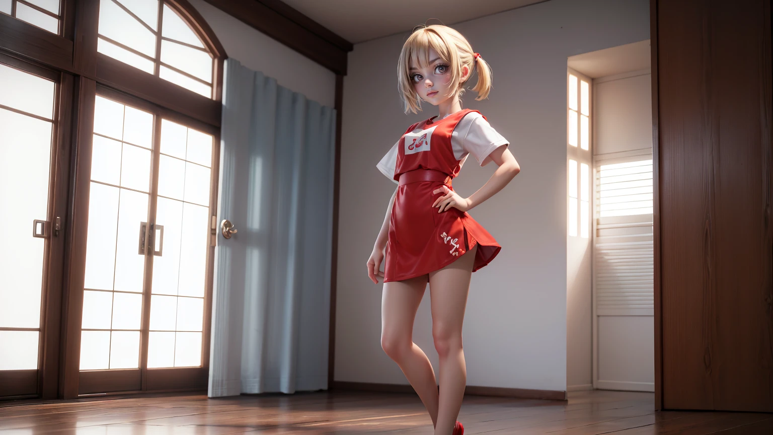 cute Japanese boy in a T-Shirt and Shorts Set: Dress Undercut hair style, blond hairs hairs red dress, gaming , smiling face, short dress full straight standing pose, student, , Full body, modern girl, games girl, Simple white background,,, design sheet, HD, full body, standing, modern futuristic dress, front view