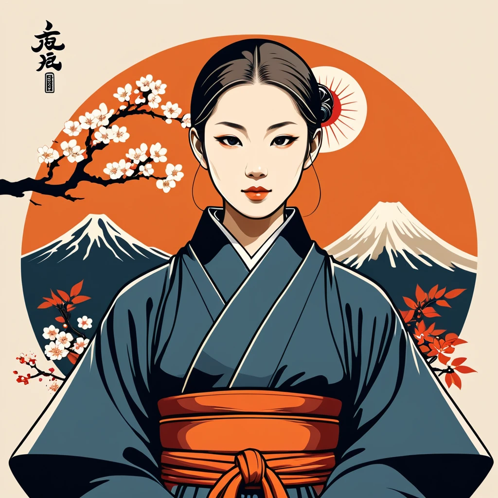 female monk in japan folk outfit, vector graphics, strong contours, logo design