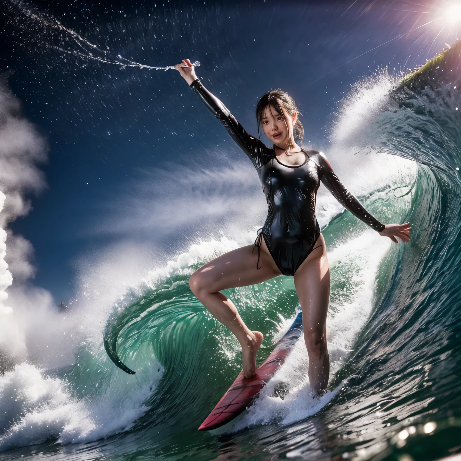 (ZoomedOut:1.28, Wide-shot) ZoomLayer (Epic photo of surfer magazine:1.37). (Full of Water, Everything Wetted:1.4) WetHair (extremely detailed Cute Girl in RED)(SparklingHighlights:1.28), Dynamic Joyful Expressions LifeLike Rendering (ManoErina:1.0) . Overflowing Gigantic Sideboob (Clearly Visible Beautiful Breast to Buttocks Line) Tiny and Roundly Butt, Detailed wet clothing texture, see-through leotard, (Sloppy Surfboard:-1.2) Riding on waves, Sparkling water, TyndallEffect(Starry Water Particles:1.32), Whole Body proportions and all limbs are anatomically accurate