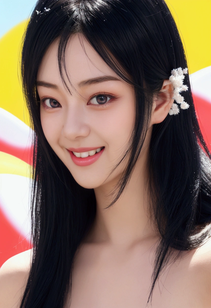 black hair, hair bobbles, wince, longeyelashes, solid circle eyes, light smile, light smile, bright pupils, hairband, Surrealism, anaglyph, stereogram, Color Field painting, 8k, super detail, best quality, UHD, accurate