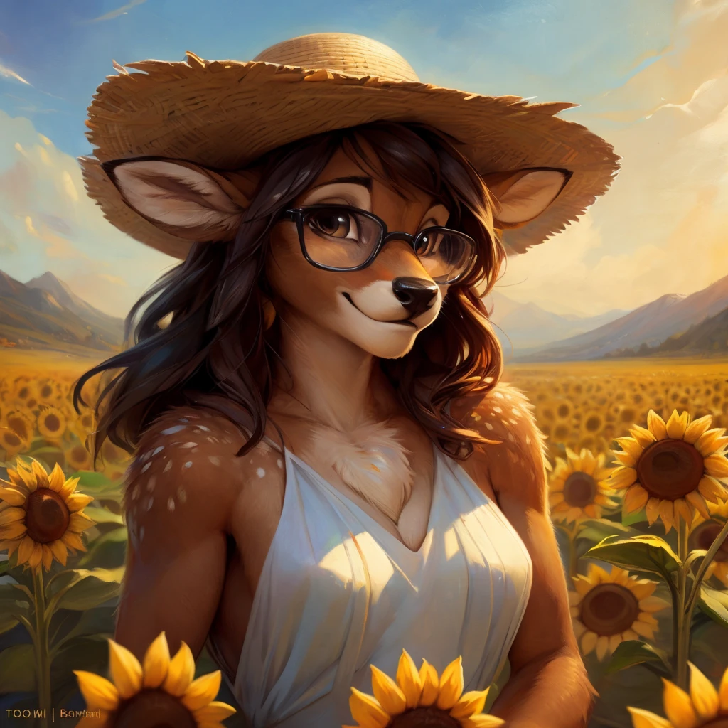 uploaded on e621, by Pixelsketcher, by Bayard Wu, by Thomas Benjamin Kennington , by Einshelm, by hioshiru and kenket, Chunie, portrait, solo anthro female deer doe, with small featureless breasts, clear dark blue, cinematic lighting, day, sunny day, sunflower field, stands in a high sunflower field, sunflower field background, sunflowers, mediterranean background, horizon background, shiny, chin short curly dark brown hair, wears big black nerd glasses, very very beautiful furry art, furry art, smiling, joyful, shiny, happy, feminine, cute face, muzzle, fluffy chest, flawless face, Fallow deer, 1girl, Sakimichan is beautiful, Masterpiece, Wavethesallow Face, shiny, Detailed image, portrait, Detailed image, portrait, full body, wearing pure white and wide spaghetti straps dress, wearing big and wide beige summer straw hat, shiny, realistic face, perfect anatomy, hourglass body, (furry body:1.1), anthropomorphic deer, looks at the viewer, small fluffy tail, detailed background, (cute anatomy:1.1)