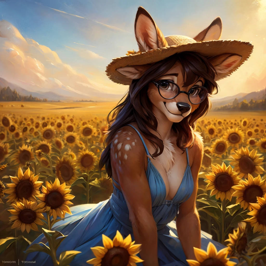 uploaded on e621, by Pixelsketcher, by Bayard Wu, by Thomas Benjamin Kennington , by Einshelm, by hioshiru and kenket, Chunie, portrait, solo anthro female deer doe, with small featureless breasts, clear dark blue, cinematic lighting, day, sunny day, sunflower field, stands in a high sunflower field, sunflower field background, sunflowers, mediterranean background, horizon background, shiny, chin short curly dark brown hair, wears big black nerd glasses, very very beautiful furry art, furry art, smiling, joyful, shiny, happy, feminine, cute face, muzzle, fluffy chest, flawless face, Fallow deer, 1girl, Sakimichan is beautiful, Masterpiece, Wavethesallow Face, shiny, Detailed image, portrait, Detailed image, portrait, full body, wearing pure white and wide spaghetti straps dress, wearing big and wide beige summer straw hat, shiny, realistic face, perfect anatomy, hourglass body, (furry body:1.1), anthropomorphic deer, looks at the viewer, small fluffy tail, detailed background, (cute anatomy:1.1)
