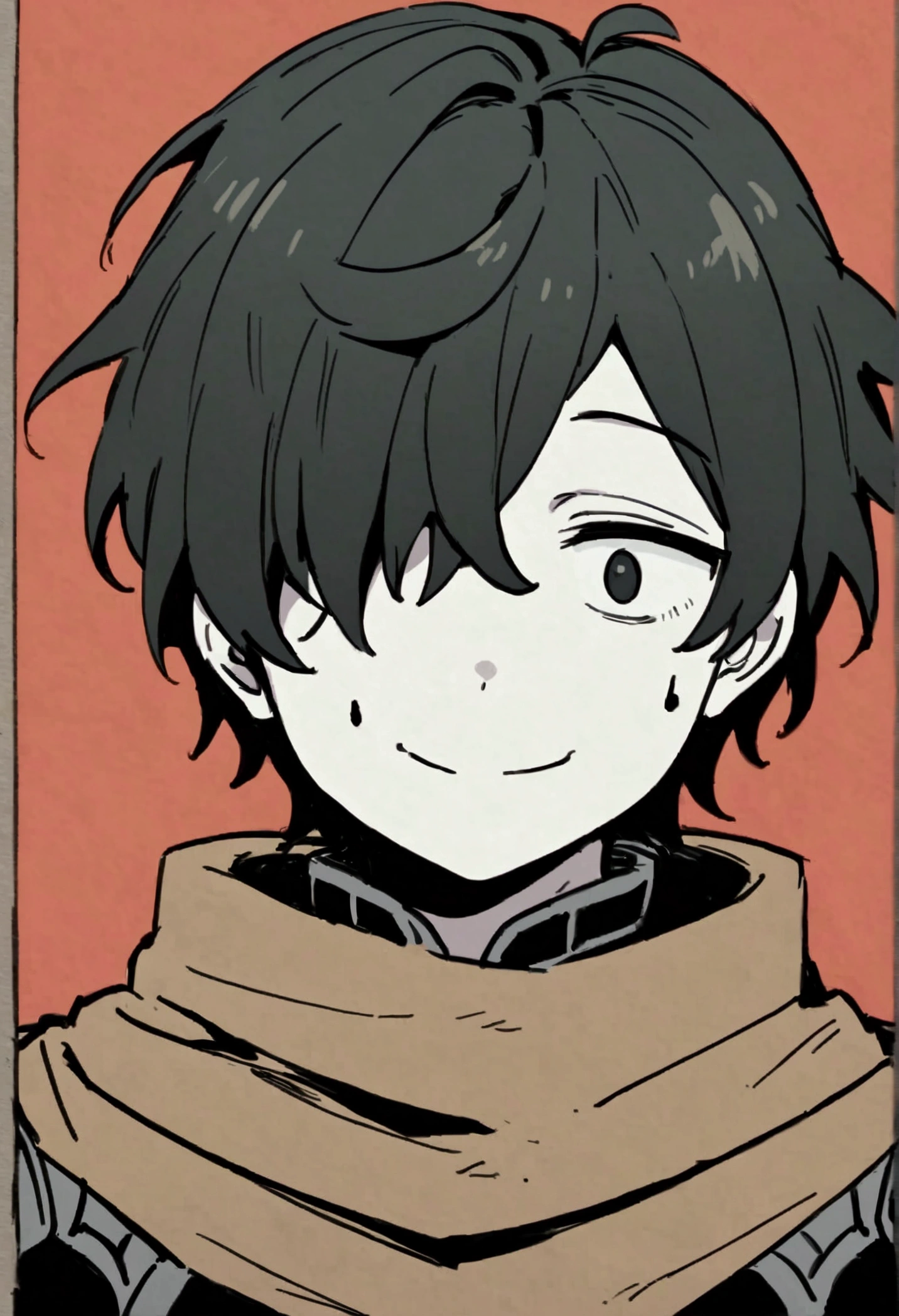 Anime drawing style of an adorable effeminate boy with slightly long and messy all-black hair, pale skin and black eyes, who wears gray armor with brown cloth and has an innocent smile even though he is missing one eye, although that doesn't matter much because a black substance like a liquid comes out of the eye he doesn't have and the one he keeps.