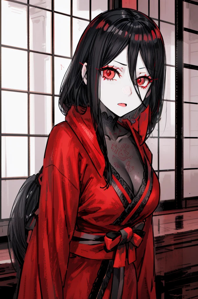 1girl, black hair, (red eye) ,red rose, Red bow,  black noble dress ,pale skin,
(high resolution, high detail, best quality), mysterious, elegant, shy