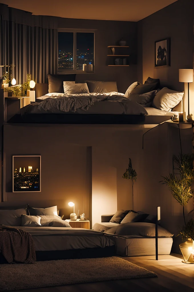 background, Los Angeles city, Romantic scene, darkened bedroom,bed, night