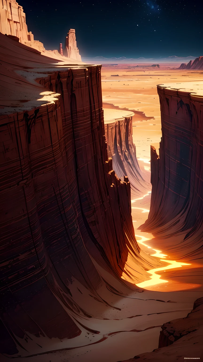 Quiet desert, Bioluminescent veins run through the desert plains, Flat desert, Red and Gold color scheme only, Red and Gold colors only, Red and Gold, From the abyss, Stormlight Archives, Studio Ghibli, Animation main visual, 8k resolution concept art, Natural Lighting, Beautiful composition。