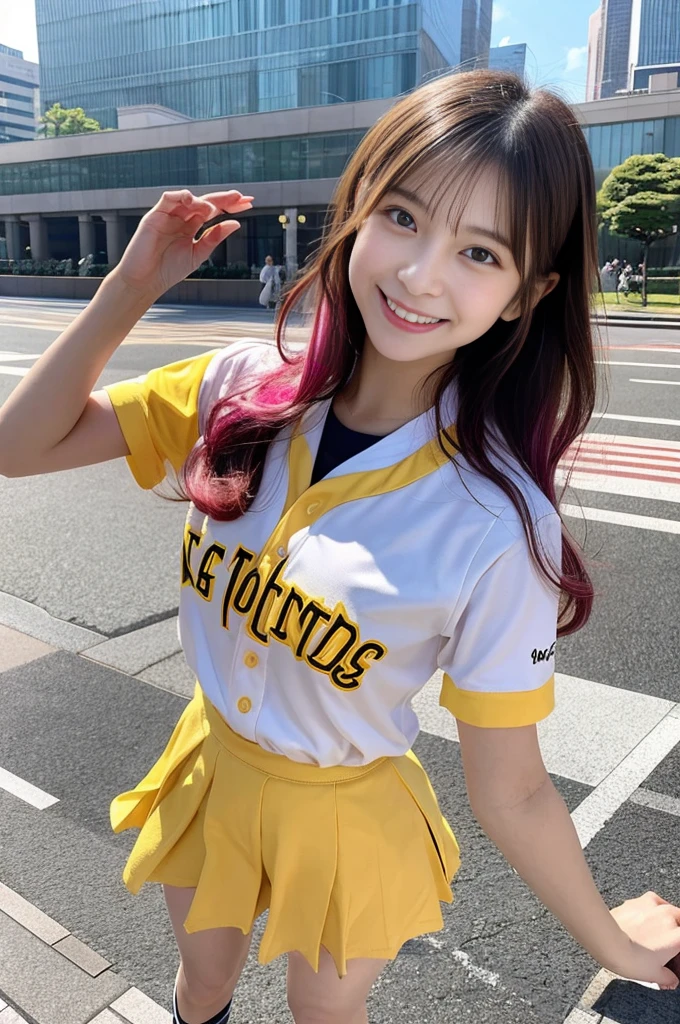 Japanese woman, 20 years old, smiling, mouth open, long pink hair, longer hair, brown eyes, small breasts, yellow baseball uniform, full body visible, legs spread wide left to right, spread wider, hands folded behind head, background Tokyo Station, daytime