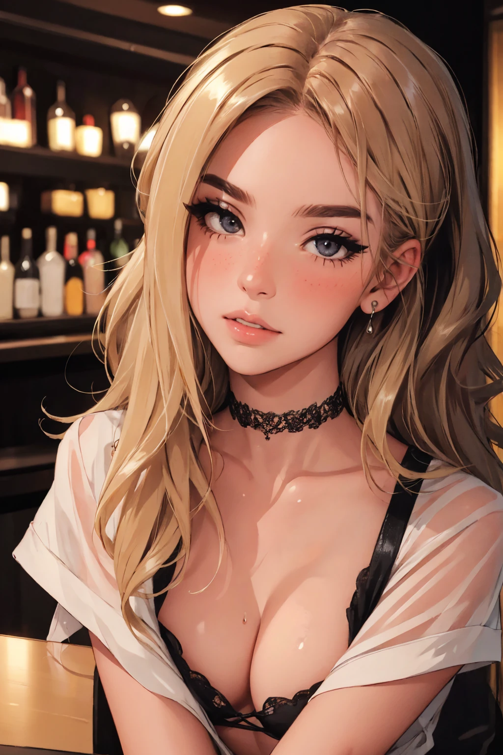 girl at a nightclub sitting at bar, eyeliner (masterpiece) (best quality) (detailed) (8k) (HDR) (wallpaper) (cinematic lighting) (sharp focus) (intricate) wavy blonde hair, biting lip, medium hair, slutty outfit, sexy, blush, aroused, cleavage, shiny , wet skin, girl, dark makeup, acting flirty, tucking hair behind ear