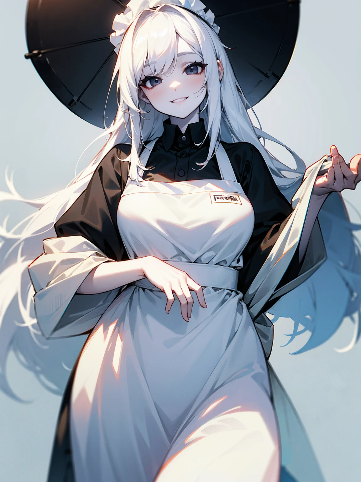 1female, pale white skin, white fluffy hair, black eyes, fat, apron, smile