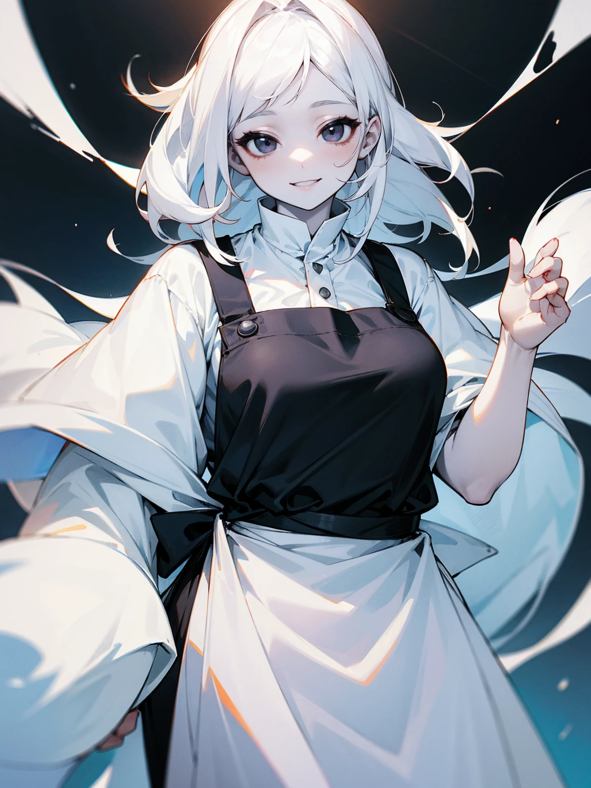 1female, pale white skin, white fluffy hair, black eyes, fat, apron, smile