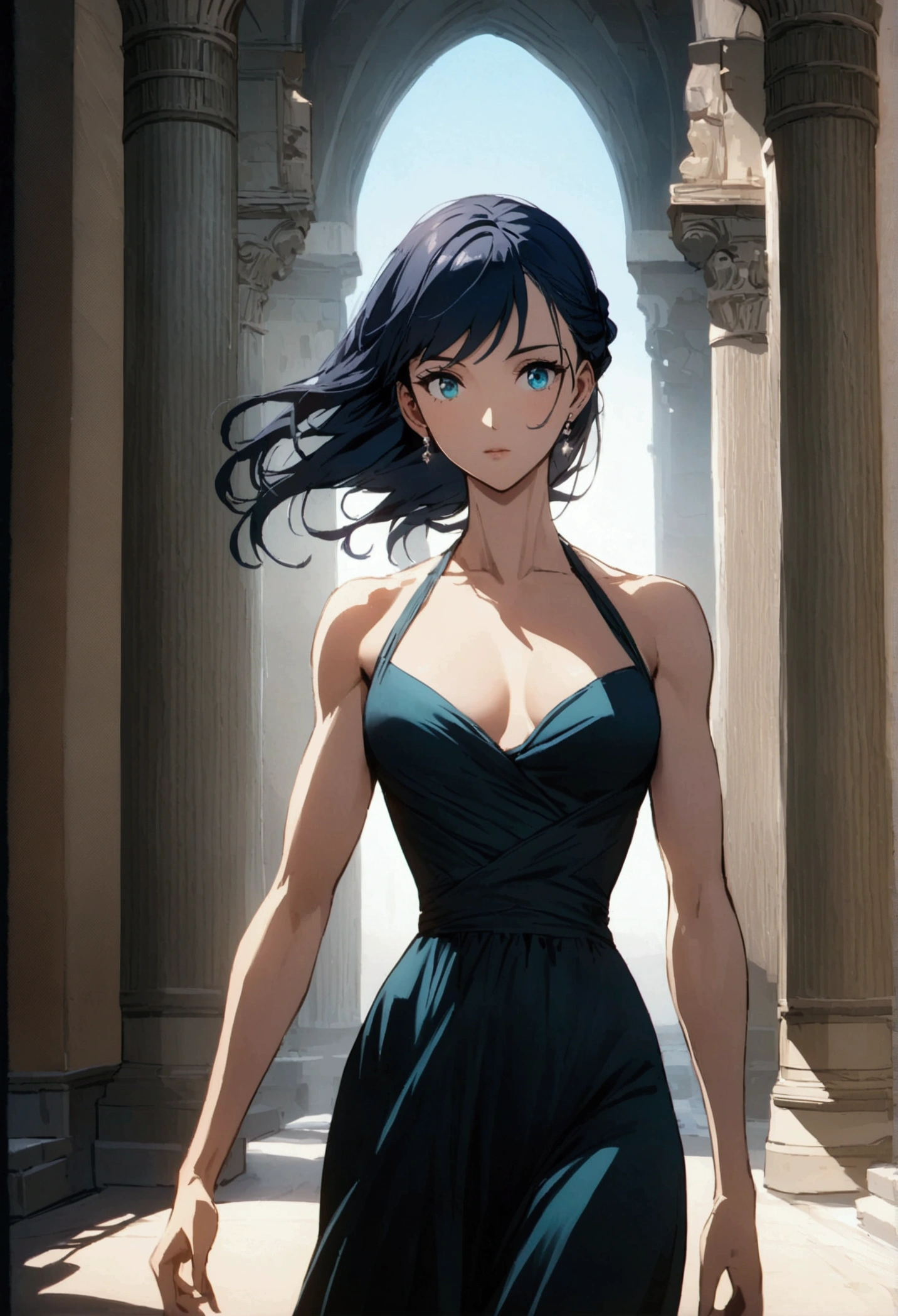 Anime girl with long dark blue hair and turquoise eyes,  slender and athletic body type,Her physique is lean and toned,wearing an elegant dress