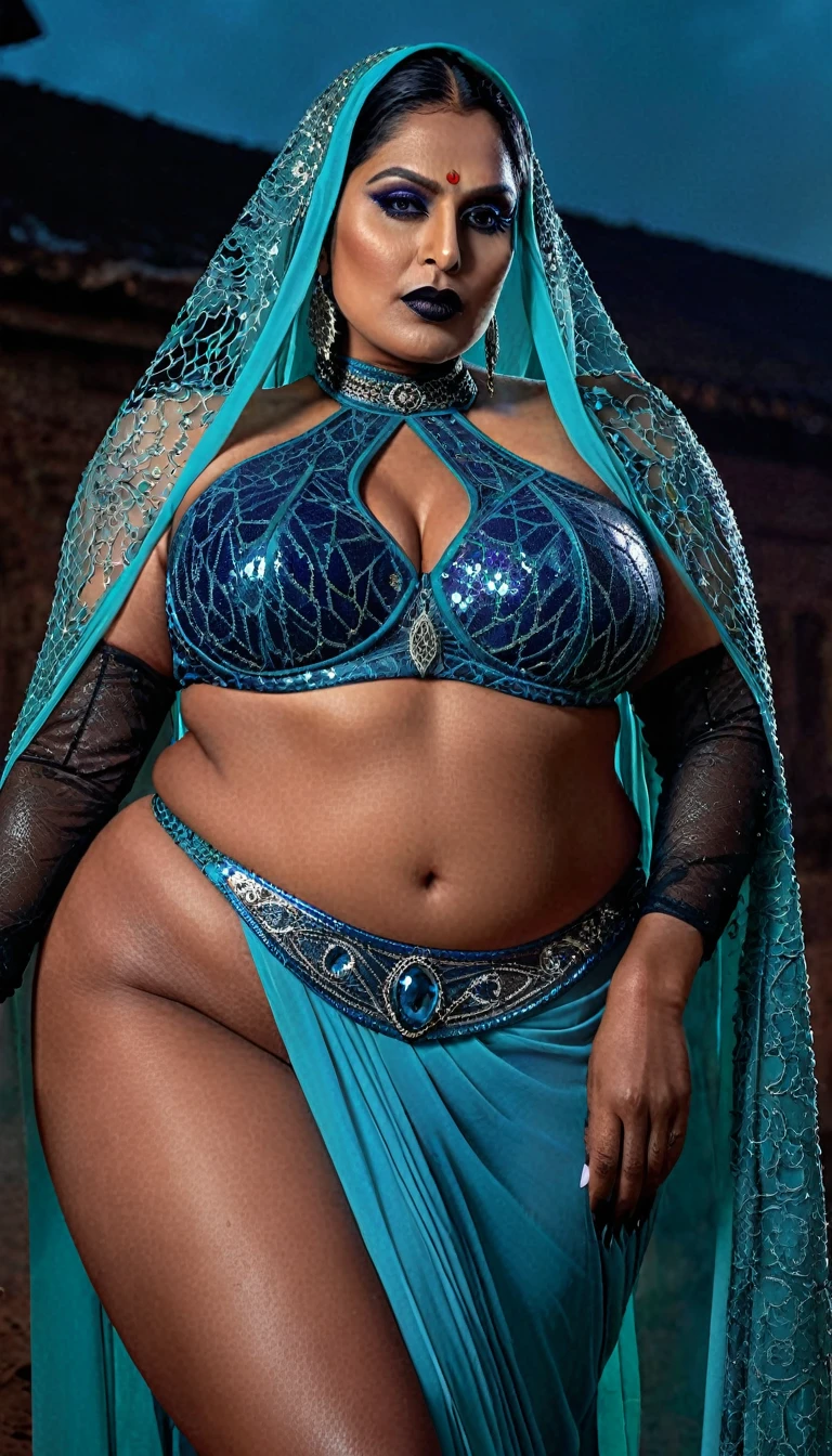 Looks like Sreelekha Mitra, full body Closeup shot, Big chubby aunty, milf, cougar lady witch, horny Gothic milf,  70 years old gorgeous mature lady, pervert demoness, demoness of lust, curvy, black lips, horny face, extremely gorgeous, thick figure, heavy physique, voluptuous, curvy, sexy figure, Fashionable portrait of androgynous alien looking witch wearing veil, glowing eyes, futuristic design, minimal details, givenchy, photoreal, 200mm, hd, f/ 2.0, highly detailed, surreal, sexy beautiful evil woman, sexy bold sequin Saree with strapless Bra, chudail, Pishachini, horror genre, blood-thirsty enchantress, powerful female spirit, eerie, drop dead, in the style of red and blue, (intricate details, hyperdetailed:1.15) (skin texture:1.2), dark Moody tone, cinematic lighting, haunted place in background, 