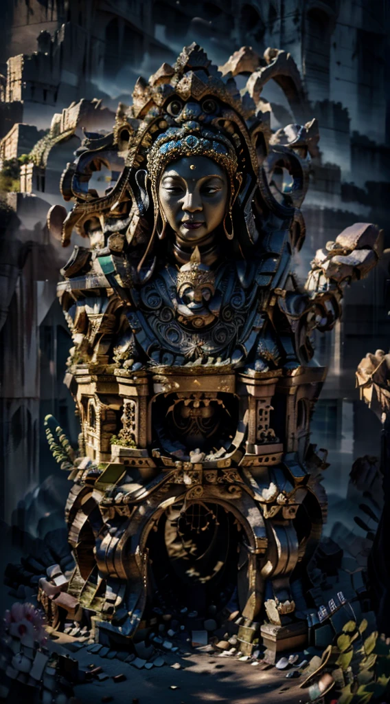 Ancient China, Temple, (Mysterious Black Mist), Journey to the West, Judge, Elder, Glazed Tiles, Buddha Statues, Lanterns, Absurdity, Realistic Lighting, (Abyss) Masterpiece, High Quality, Exquisite Graphics, High Detail, Undersea, Water Prison, Male, Snake Spirit