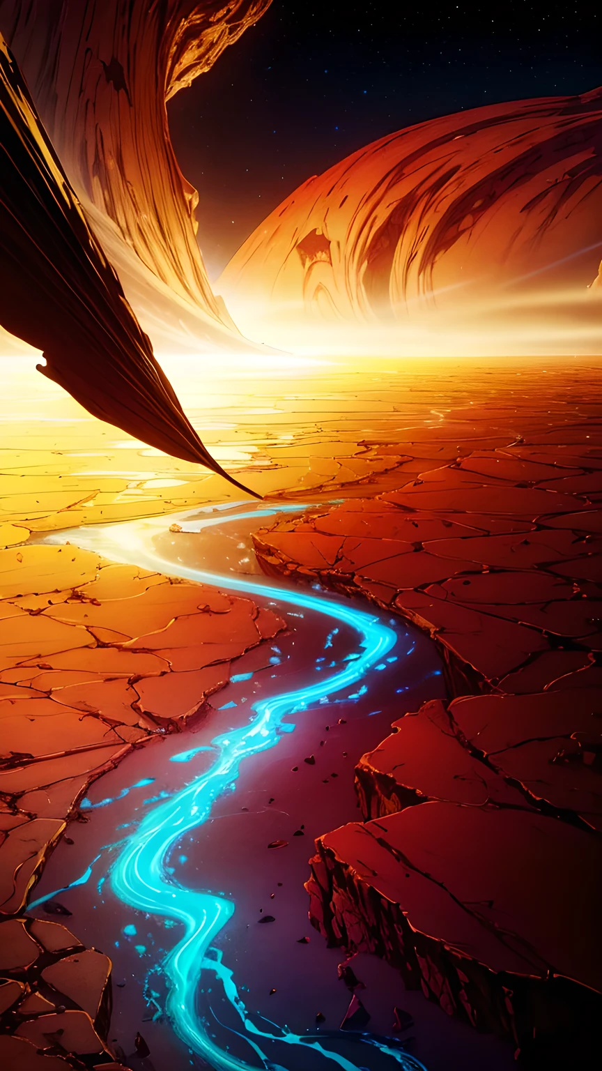 Quiet desert, Bioluminescent veins run through the desert plains, Flat desert, Red and Gold color scheme only, Red and Gold colors only, Red and Gold, From the abyss, Stormlight Archives, Studio Ghibli, Animation main visual, author：Shinkai Makoto, Dark, complex, 8k resolution concept art, Natural Lighting, Beautiful composition, Xianxia style