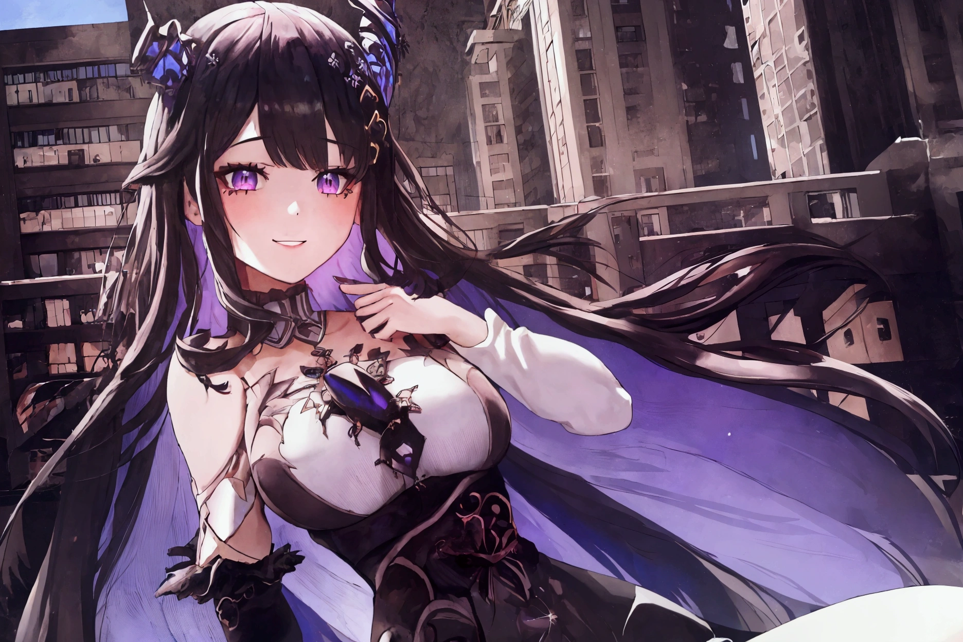 1girl, smile, breasts, solo, long hair, book, purple eyes, building, looking at viewer, braid, detached sleeves, holding, long sleeves, bare shoulders, black hair, bangs, dress, large breasts, city, hair ornament