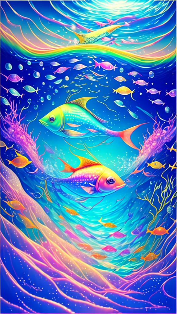 Fish swimming in the rainbow sea，colorful，Beautiful fish，Various kinds of fish、wonderful景色，Utopia，An atmosphere full of dreams and hope，masterpiece．16K, Ultra-high resolution, Ultra-high resolution, to be born,wonderful ,future、Iridescent、The world 30 years from now。