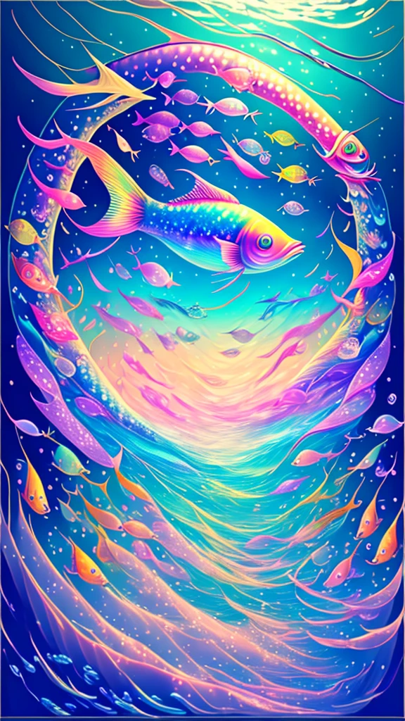 Fish swimming in the rainbow sea，colorful，Beautiful fish，Various kinds of fish、wonderful景色，Utopia，An atmosphere full of dreams and hope，masterpiece．16K, Ultra-high resolution, Ultra-high resolution, to be born,wonderful ,future、Iridescent、The world 30 years from now。