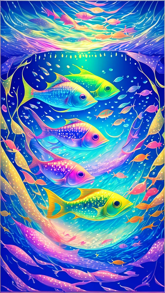 Fish swimming in the rainbow sea，colorful，Beautiful fish，Various kinds of fish、wonderful景色，Utopia，An atmosphere full of dreams and hope，masterpiece．16K, Ultra-high resolution, Ultra-high resolution, to be born,wonderful ,future、Iridescent、The world 30 years from now。