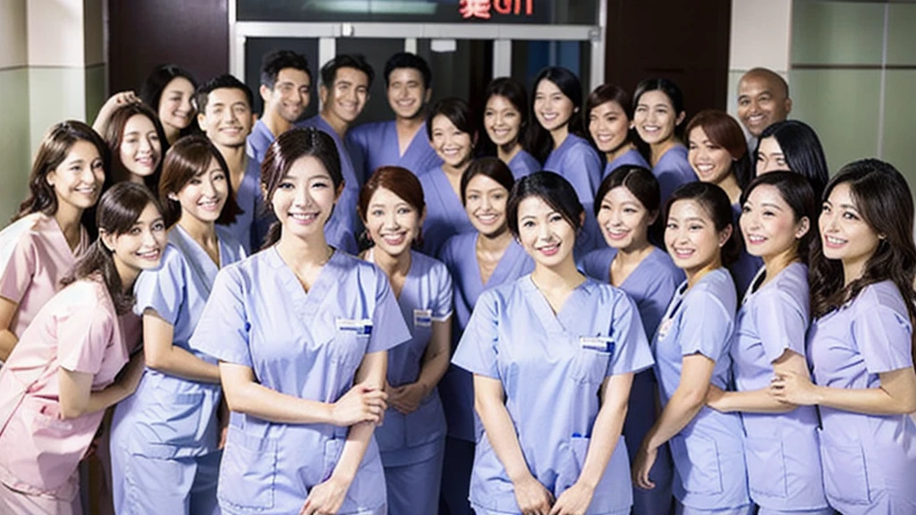 dental clinic　Group photo of 20 people　woman　Japanese　30th Generation　Wearing medical scrubs　Short sleeve　All the same face　Looking at me with a smile　Photo shoot in the hospital