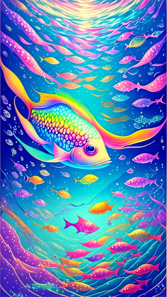 Fish swimming in the rainbow sea,colorful,Beautiful fish,Various kinds of fish、wonderful景色,Utopia,An atmosphere full of dreams and hope,masterpiece.16K, Ultra-high resolution, Ultra-high resolution, to be born,wonderful ,future、Iridescent、The world 30 years from now。