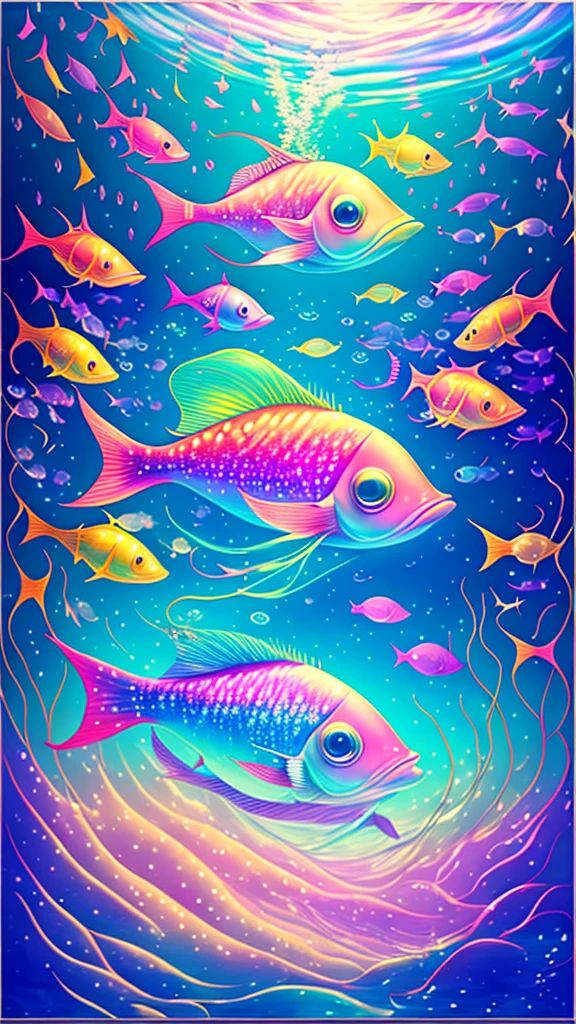Fish swimming in the rainbow sea,colorful,Beautiful fish,Various kinds of fish、wonderful景色,Utopia,An atmosphere full of dreams and hope,masterpiece.16K, Ultra-high resolution, Ultra-high resolution, to be born,wonderful ,future、Iridescent、The world 30 years from now。