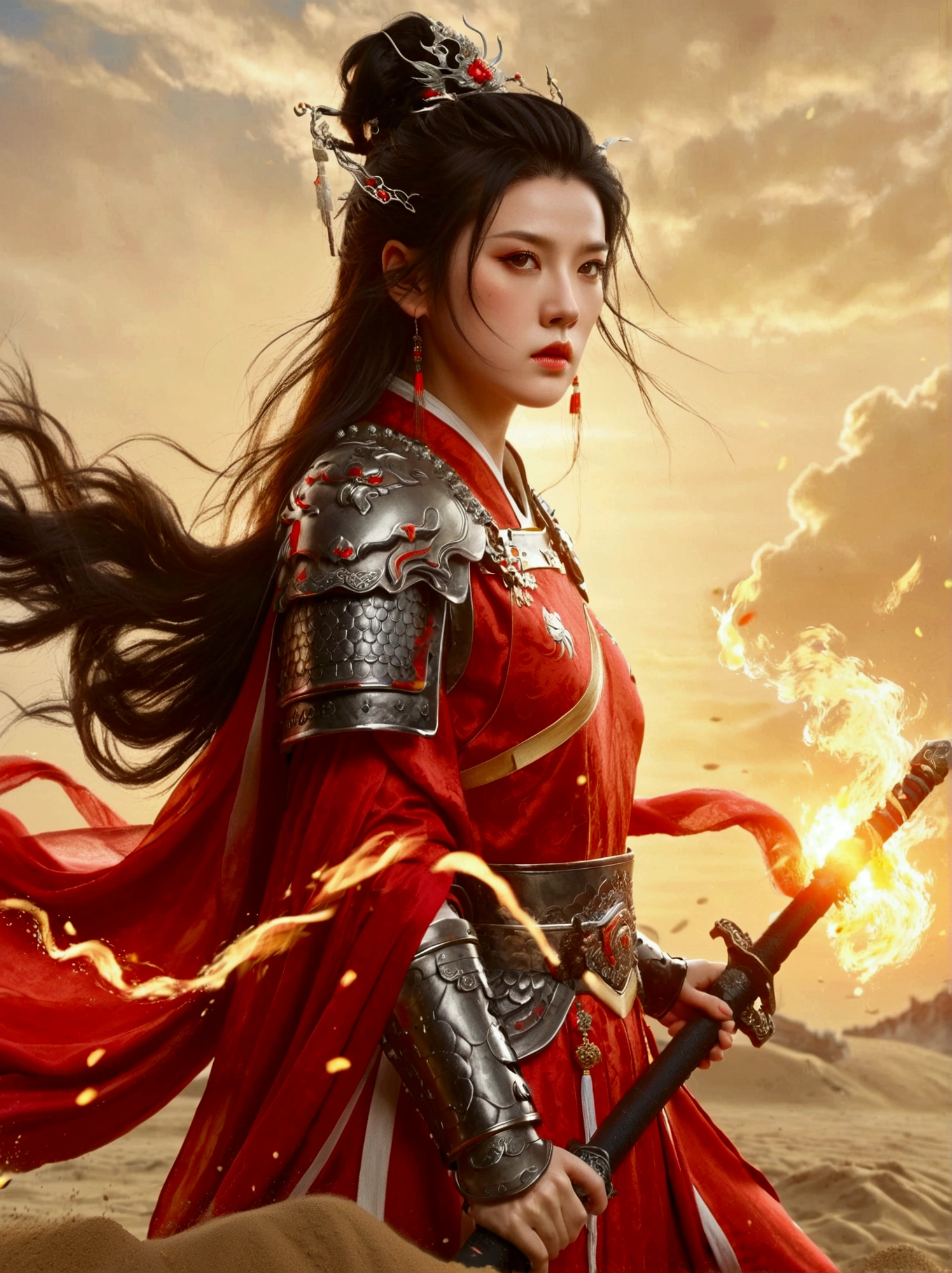 Chinese, Ancient battlefield, Chinese female general, holding a sword in her hand, Serious expression, whole body, Stunning facial features, Red robe, armor, boots, Yellow sand in the sky, Fire, Game Model, Stunning lighting, OC Rendering, Rim Light, Exquisite lighting, Very detailed, Epic creation, Ultra HD, best quality, masterpiece, high quality, 8k