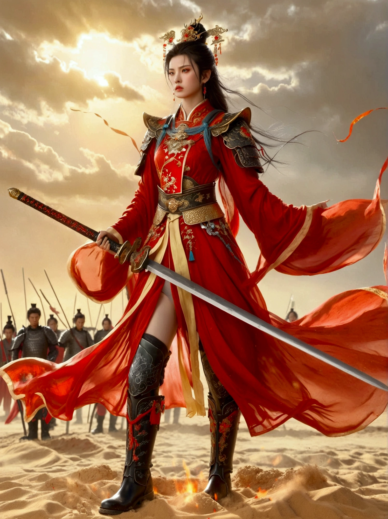 Chinese, Ancient battlefield, Chinese female general, holding a sword in her hand, Serious expression, whole body, Stunning facial features, Red robe, armor, boots, Yellow sand in the sky, Fire, Game Model, Stunning lighting, OC Rendering, Rim Light, Exquisite lighting, Very detailed, Epic creation, Ultra HD, best quality, masterpiece, high quality, 8k