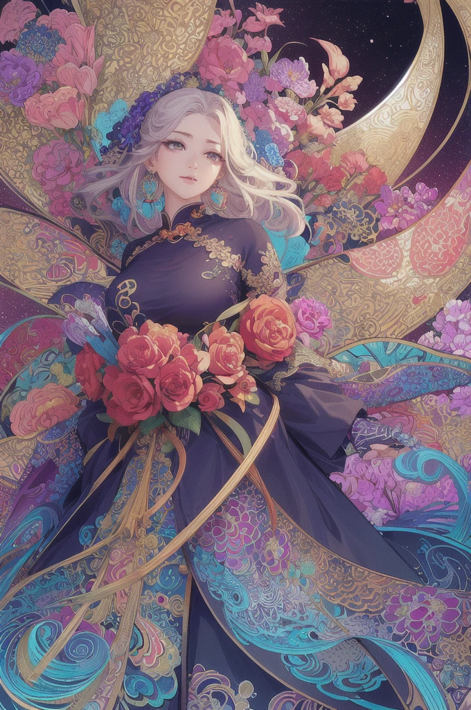 (masterpiece, top quality, best quality, official art, beautiful and aesthetic:1.2), (1girl:1.3), extremely detailed,(fractal art:1.1),(colorful:1.1)(flowers:1.3),highest detailed,(zentangle:1.2), (dynamic pose), (abstract background:1.3), (chinese Traditional cloth:1.2), (shiny skin), (many colors:1.4), ,(earrings:1.4),