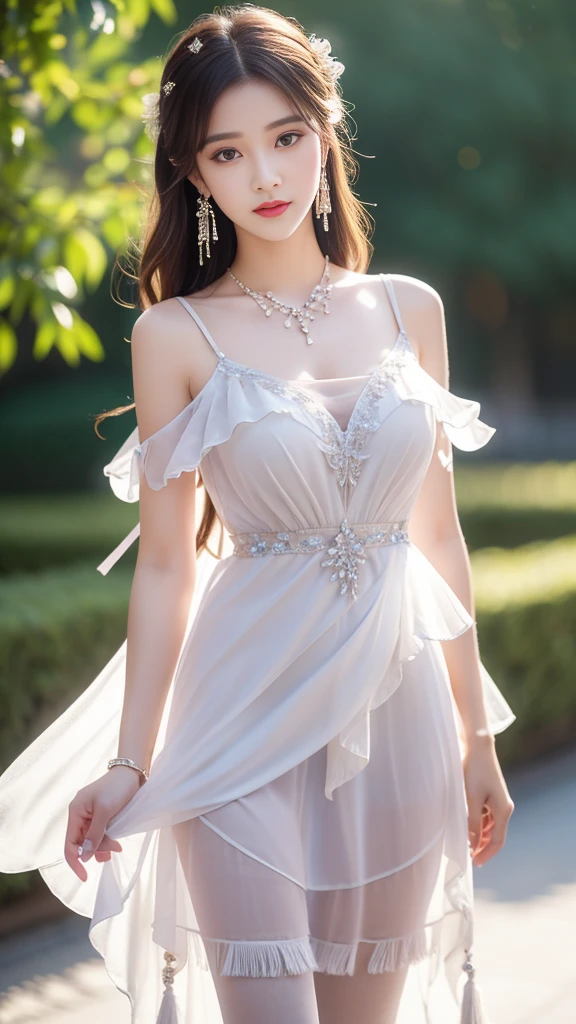 realism: 1.3, masterpiece, best quality, high resolution, detail: 1.2, 1 girl, Hairpin, Pretty Face, Exquisite eyes, Tassel Earrings, necklace, Ribbon, elegant standing posture, aesthetics, light, Ray Tracing, Depth of Field, Layering, Flutter, Chiffon dress, whole body, Pantyhose, outdoor
