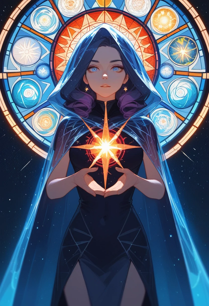 (Fraction_9,Fraction_8_Direction_7_up),1 a woman,(((bust))),(masterpiece:1.2), best quality, high resolution,Hiring,best quality, Diablo, Transparent cloak-like creature, Has an intricate pattern resembling a stained glass nebula, It uses countless legs to travel through space,Send out cosmic lightning.