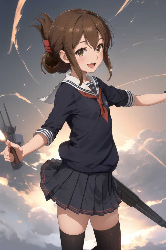 Highest quality, masterpiece, High resolution, alone, {inazuma_Fleet Collection}, brown_hair, Folded_ponytail, brown_eye, length_hair, Open_mouth, smile, School_uniform,skirt,Pleats_skirt,((Flat Chest, Small breasts, flat chest)), 