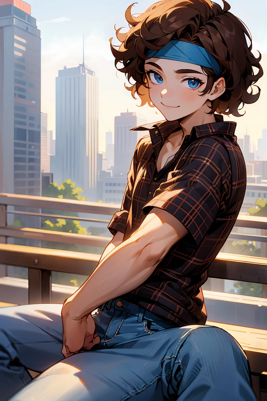 1male, Young Adult, Brown Hair, Curly Hair, Short Hair, Blue Eyes, Jeans, Headband, Flannel Shirt, City Background, Smile