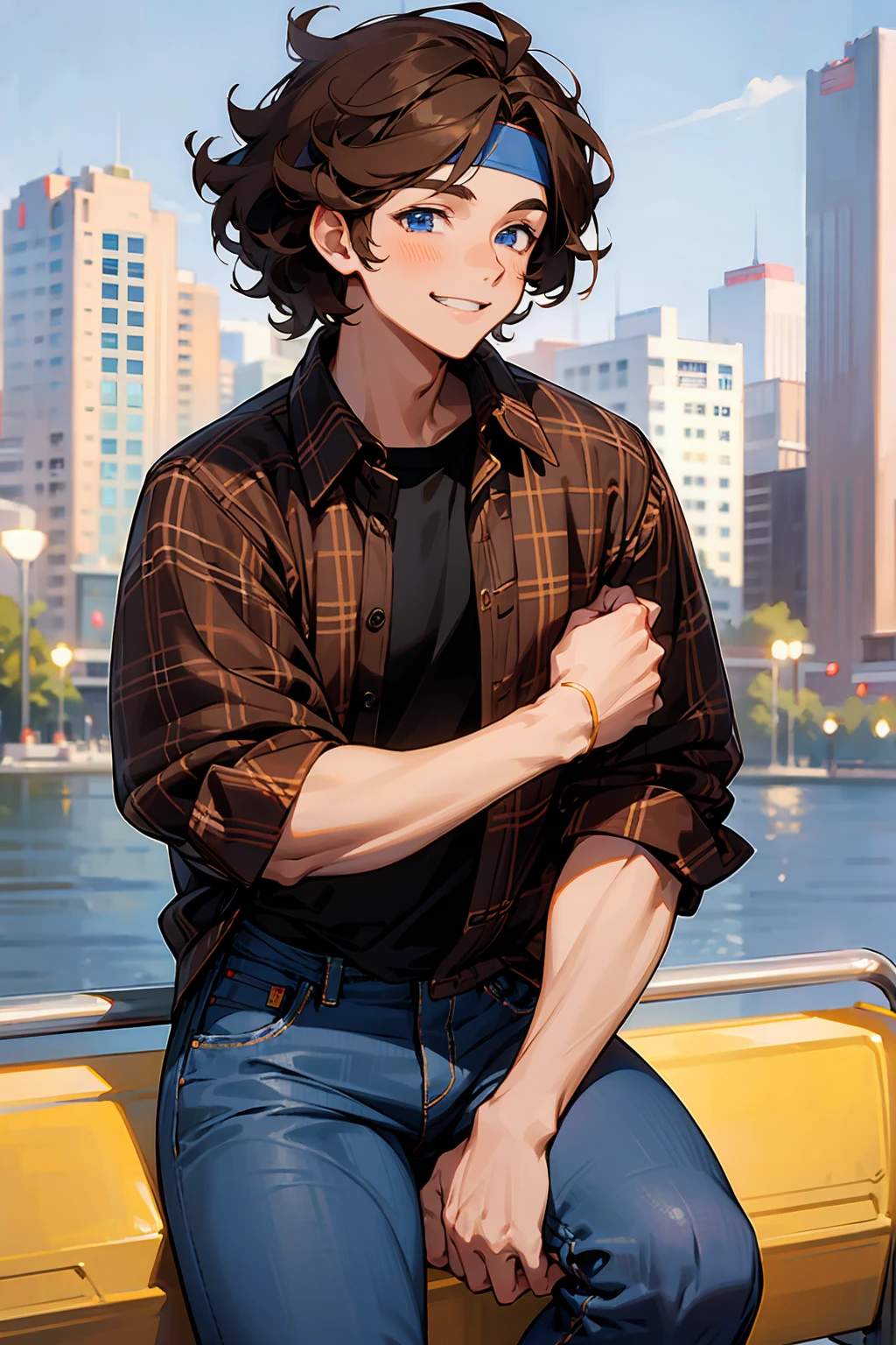 1male, Young Adult, Brown Hair, Curly Hair, Short Hair, Blue Eyes, Jeans, Headband, Flannel Shirt, City Background, Smile