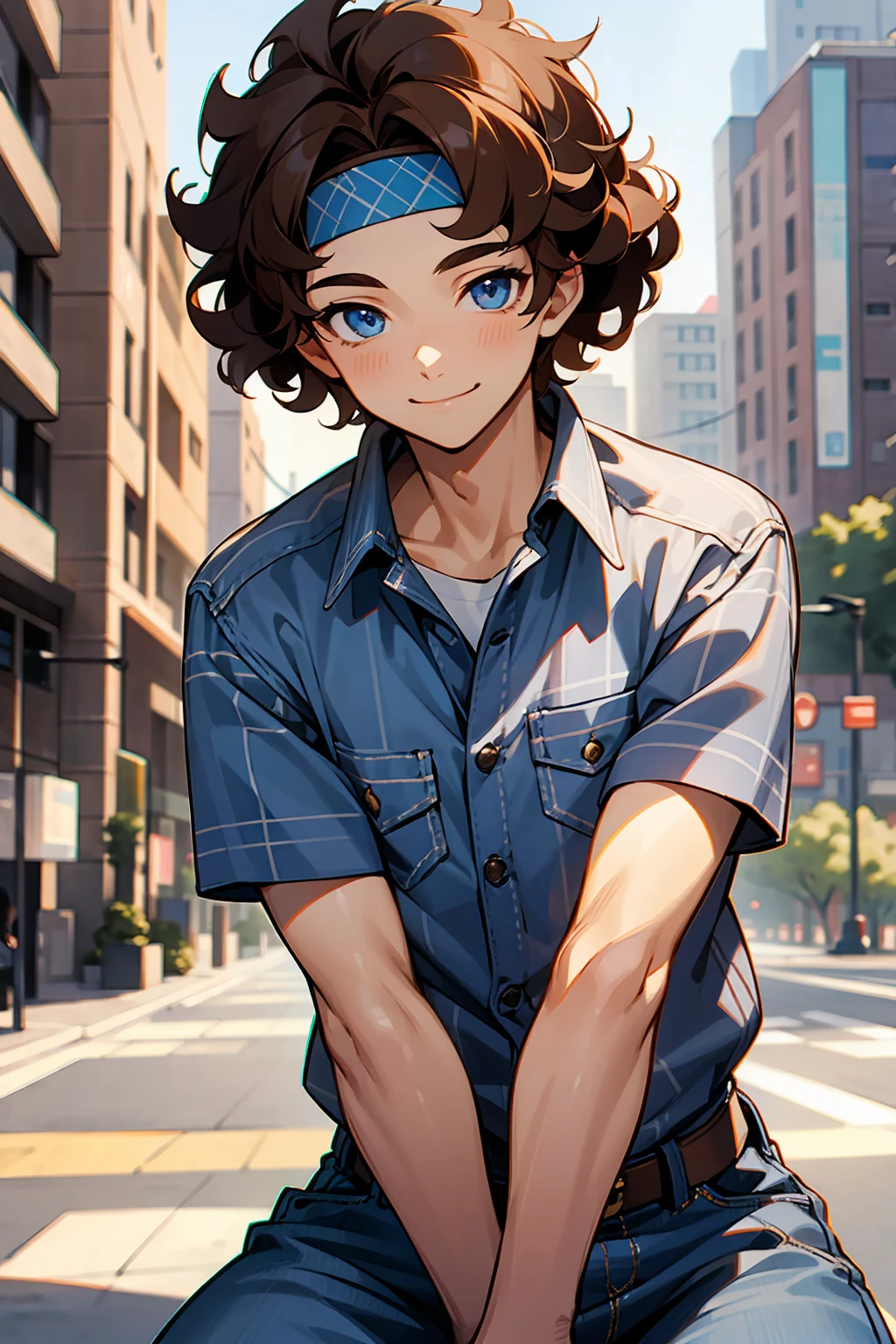 1male, Young Adult, Brown Hair, Curly Hair, Short Hair, Blue Eyes, Jeans, Headband, Flannel Shirt, City Background, Smile