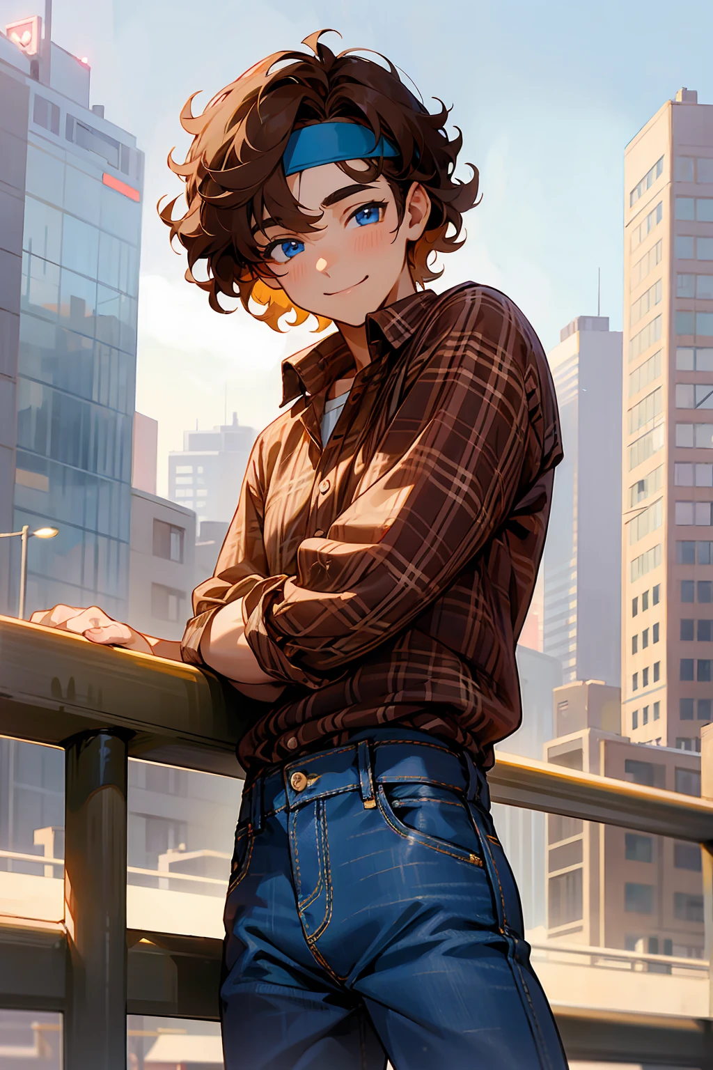 1male, Young Adult, Brown Hair, Curly Hair, Short Hair, Blue Eyes, Jeans, Headband, Flannel Shirt, City Background, Smile